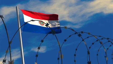 Animated Paraguayan flag waving behind razor wire Stock Footage 100153437