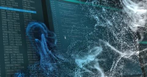 Animated particle field drifting from left, billowing and revealing tech code Stock Footage 331871613