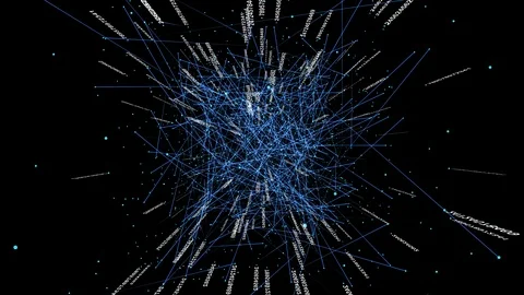 Animated particles and lines moving against black background Stock Footage 86816518