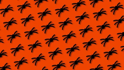 Animated Pattern of Black Plastic Spiders Moving on Bright Orange Backgroun.. Stock Footage 345043896