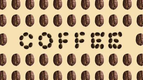 Animated pattern with coffee beans that form the word COFFEE, ideal for Stock Footage 97825793