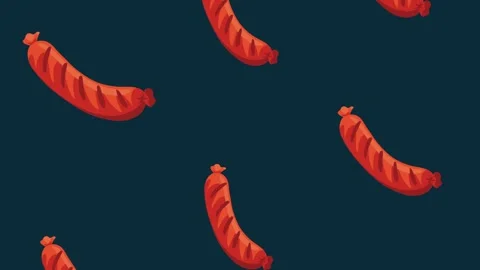 Animated pattern of delicious grilled sausages falling on dark blue backgroun Stock Footage 334541209