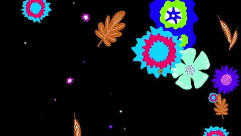 Animated pattern of flowers and leaves on a black background. 库存影片 148325239