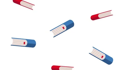 Animated pattern of flying blue and red books falling against white backgroun Stock Footage 339115229