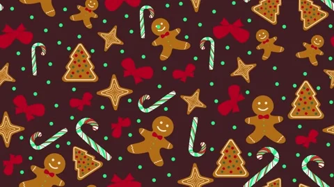 Animated pattern of gingerbread cookies and candy canes on a dark background. Vídeo Stock 322093028
