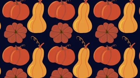 Animated pattern of pumpkins and squash arranged in rows on dark blue. Stock Footage 323438577