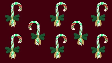 Animated pattern of wiggling Christmas candy canes on a dark red background. Vídeo Stock 322508296