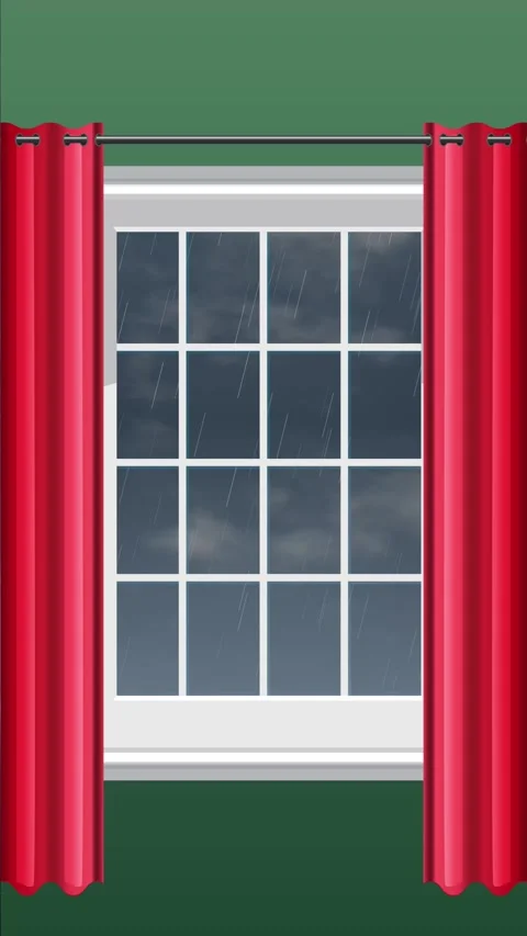 Animated Pattern of Windows with Red Curtains and Rainy Sky Stockbeeldmateriaal 346274340