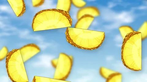 Animated Pineapple Slices Falling Against a Bright Blue Sky Background Stock Footage 342923337