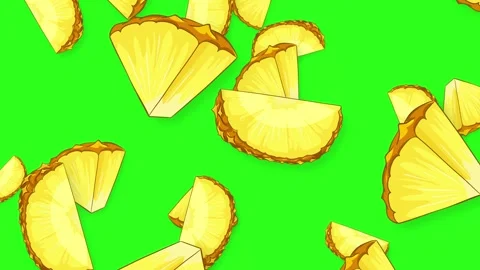 Animated Pineapple Slices Falling Against a Solid Green Background Stock Footage 345197781