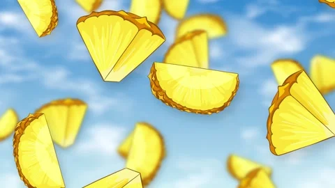 Animated Pineapple Slices Falling Through a Bright Blue Sky Stock Footage 345208894