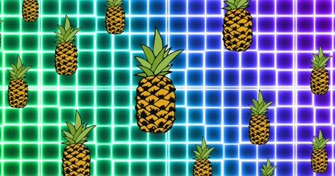 Animated pineapples with glowing squares loop on a black background. Stock Footage 330294743
