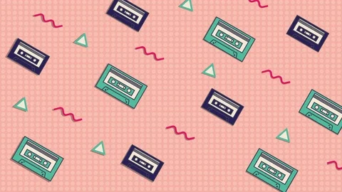 Animated pink background with moving audio cassettes, wavy lines and triangles. Stock Footage 113818419