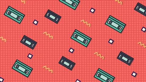 Animated pink background with moving video cassettes, wavy lines and squares. Stock Footage 113899234
