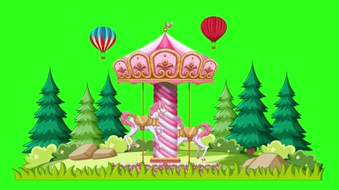 Animated Pink Carousel with Hot Air Balloons on Green Screen Background Stock Footage 335909261