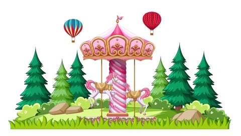 Animated Pink Carousel Spinning in a Forest with Hot Air Balloons Stock Footage 331912089