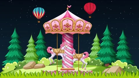 Animated Pink Carousel Spinning in a Forest Under a Starry Night Sky Stock Footage 335861155