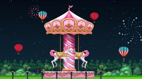 Animated Pink Carousel Spinning at Night with Fireworks and Hot Air Balloons Stock Footage 333373969