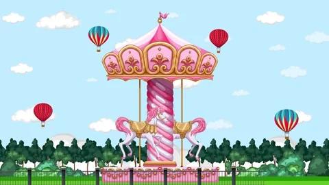 Animated Pink Carousel Spinning in a Park with Hot Air Balloons 库存影片 333373990