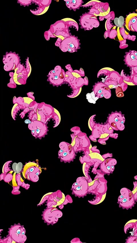Animated Pink Cartoon Dinosaurs Falling Against a Black Background Stock Footage 341723259