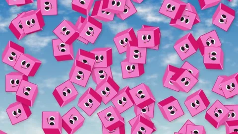 Animated Pink Character Cubes Falling Downward Against Blue Sky Background Stock Footage 344845284