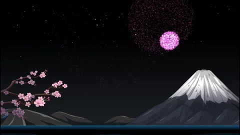 Animated Pink Fireworks Exploding Over Mount Fuji and Cherry Blossoms 動画素材 328339730