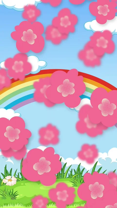 Animated Pink Flowers Falling Over a Rainbow and Green Meadow Background Stock Footage 345037810