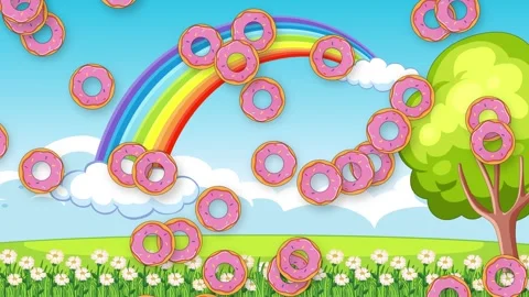 Animated Pink Glazed Donuts Falling Over a Rainbow Landscape Background Stock Footage 341908113