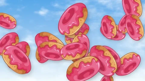 Animated Pink Glazed Donuts Falling Through a Blue Sky with Clouds Stock Footage 343819708