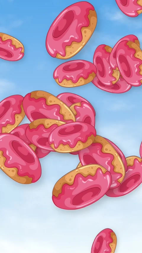 Animated Pink Glazed Donuts Falling Through a Bright Blue Sky Stock Footage 345197839