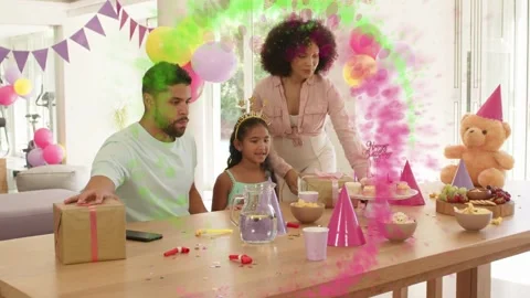 Animated pink-green circle appearing around family, parents placing cupcakes Stock Footage 334694207