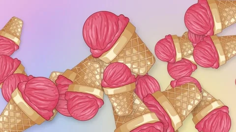 Animated Pink Ice Cream Cones Falling Over Pastel Mesh Background Stock Footage 345041426