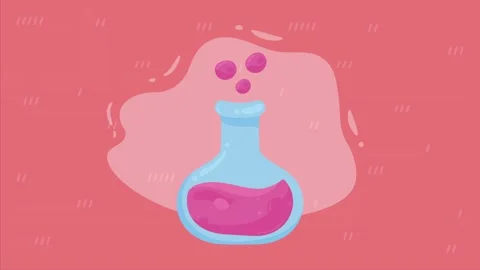 Animated pink liquid bubbling in laboratory flask with blue water on pink b.. Stock Footage 333607082
