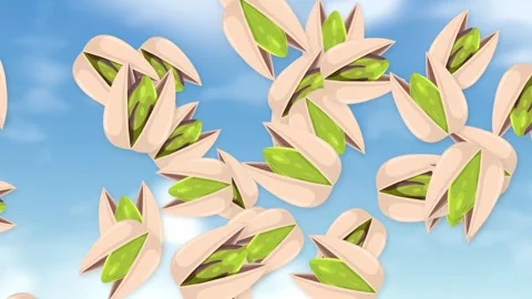 Animated Pistachio Nuts Falling Against a Blue Sky with Clouds Stock Footage 344833179
