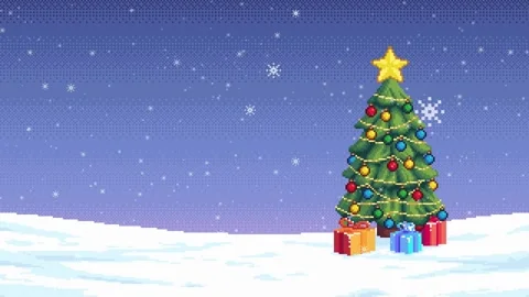 Animated Pixel Art Christmas Tree with Snowfall and Twinkling Lights Stock Footage 321282386