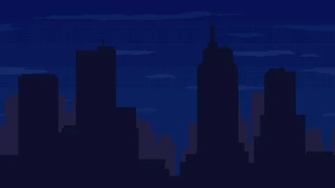 Animated pixel art design of night time cityscape with moving clouds. Stock Footage 259617394