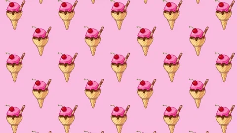 Animated pixel art pattern of swaying ice cream cones with cherries and wafers. Stock Footage 311800493