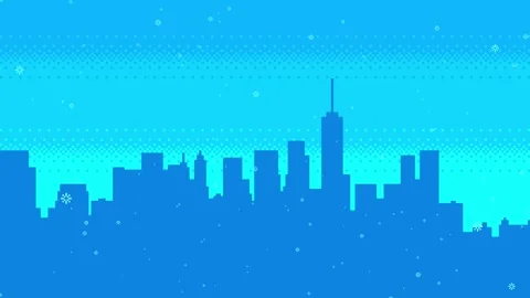 Animated pixel art winter cityscape. Snow falls against the city backdrop Stock Footage 292244659