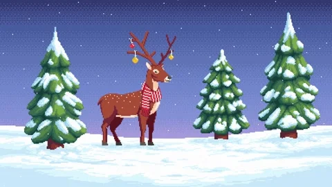 Animated pixel art winter scene with deer in snowy forest and falling snow Stock Footage 321862110