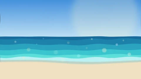 Animated pixel beach landscape with blue ocean waves and sunny sky Stock Footage 347555983