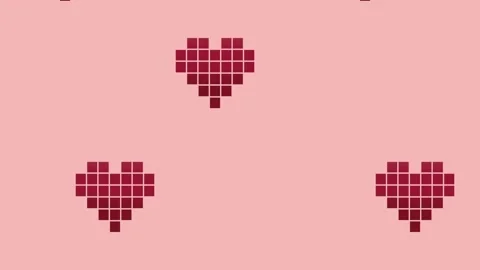 Animated pixelated hearts forming a repeating pattern on pink background, d.. Stock Footage 334266146