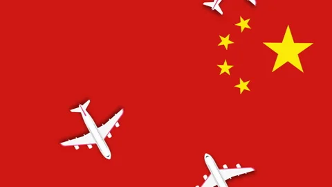 Animated plane flying over the the flag of China animation. Video stock 250615815