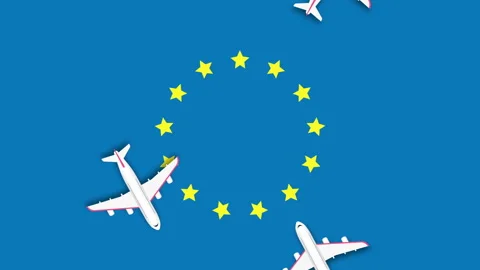 Animated plane flying over the the flag of European Union animation. Stock Footage 250615851