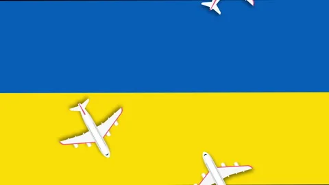 Animated plane flying over the the flag of Ukraine animation. Stock Footage 250615893