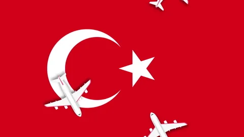 Animated plane flying over the the flag of Turkey animation. Video stock 250615896