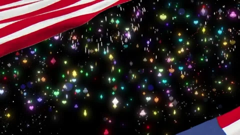 Animated Playing Card Suits and Fireworks with American Flag Background for Stock Footage 338332342