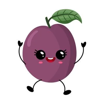 Animated plum character with green leaf, happy eyes, small limbs Stock Illustration