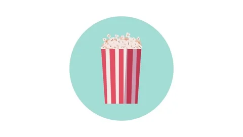 Animated popcorn box with red and white stripes on a spinning blue circle, .. Stock Footage 334090792