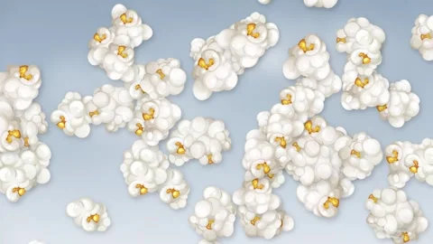 Animated Popcorn Kernels Bursting and Floating on Light Blue Background Stock Footage 345198037