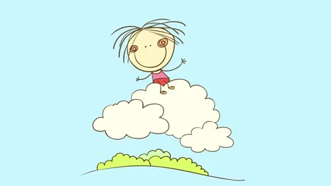 Animated portrait of a girl sitting on cloud above green bushes on a hill Stock Footage